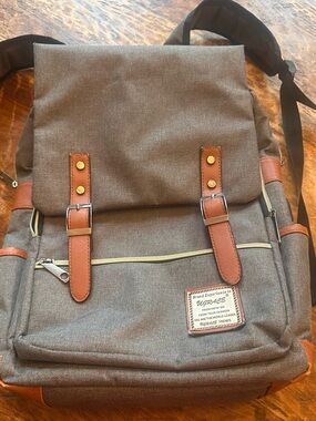 Ugrace Vintage Style Gray Laptop Canvas Backpack with Brown Trim